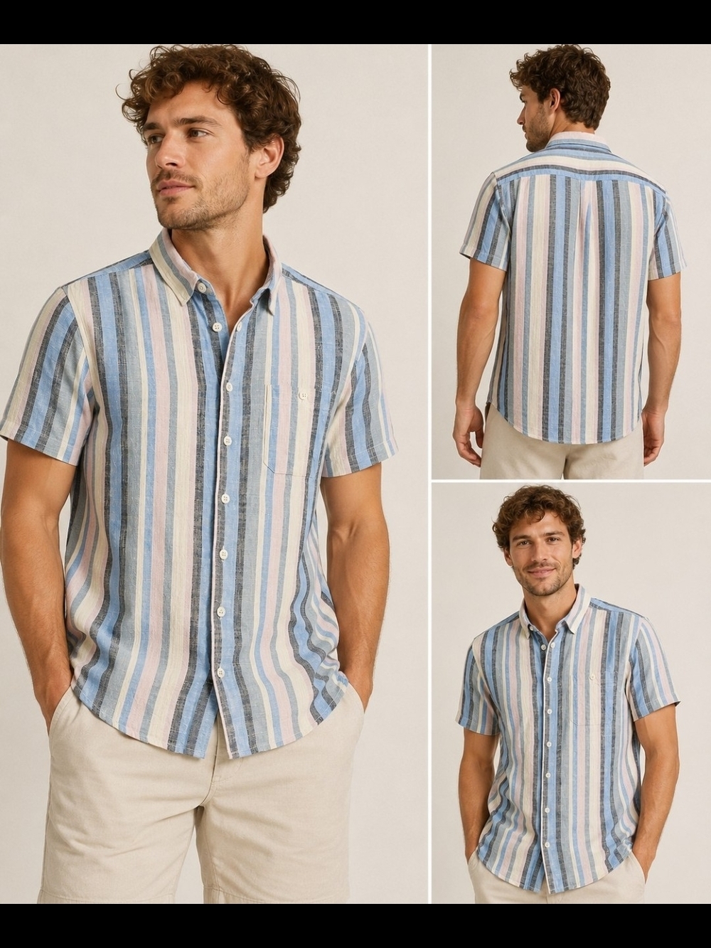 bBlend Mens Medium Stripe Button Up Shirt Blue Pink Cotton Casual Beach Camp